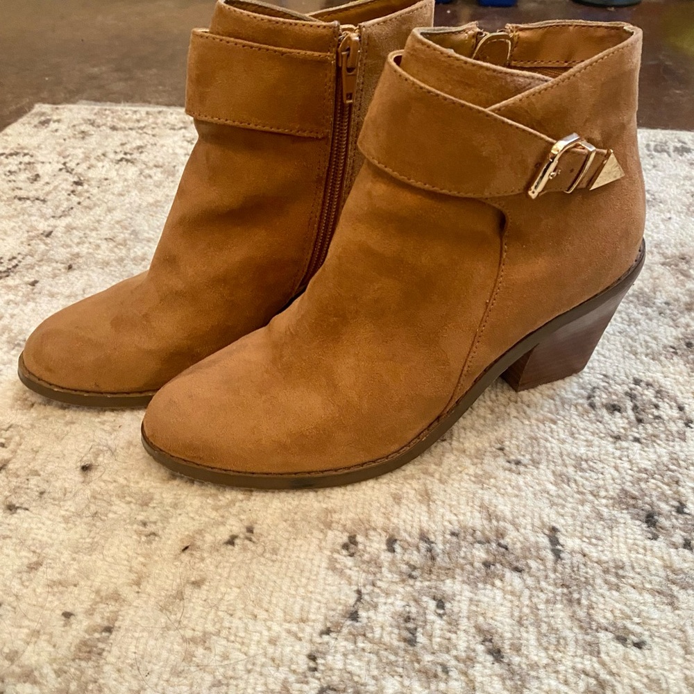Booties - Size 8, fits like 7. Suede, camel color with gold buckle detail
